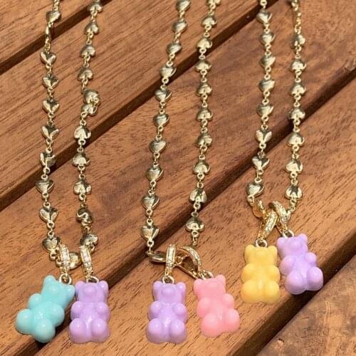 Korean Cute Colorful Gummy Bear Zircon Pendant Necklaces for Women Resin Bears Heart Metal Link Chain Choker Necklace Jewelry