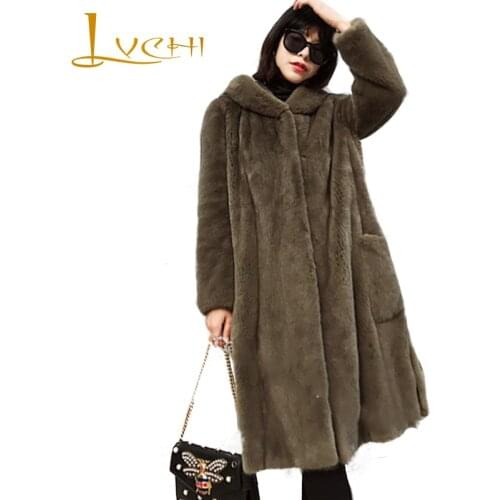 LVCHI Winter 2019 Import Real Mink Fur Coats Womens Long Sleeve With Hat Coat Full Pelt Causal With Hat Causal Slim Mink Coats