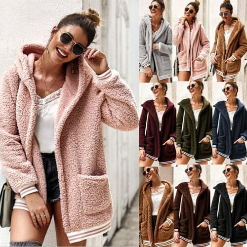 Faux Fur Coat Women Hooded Winter Casual Teddy Coat Autumn Pockets Plus Size Fur Jacket Fleece Fluffy Overcoat Outwear
