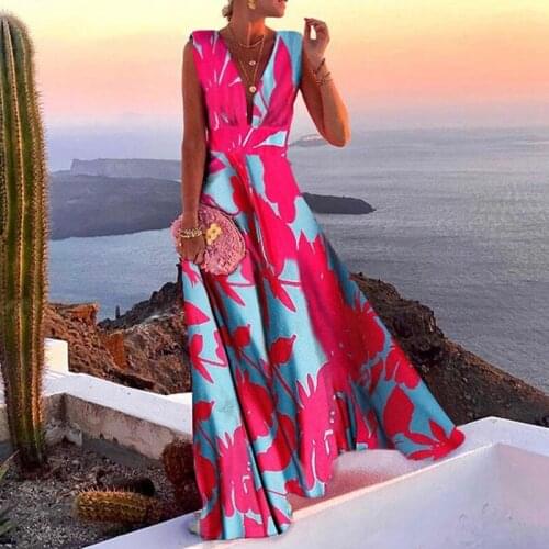 2021 Summer Retro Geometric Print Boho Dress Elegant Deep V Neck Tank Long Party Dress Women Sexy Sleeveless Loose Beach Dresses