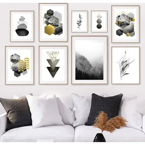 Gold Geometric Forest Color Block Wall Art Canvas Painting Nordic Posters And Prints Wall Pictures For Living Room Vintage Decor