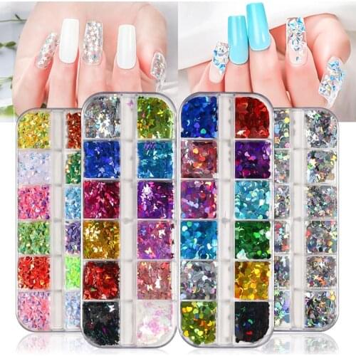 12 Grid Nail Art Decoration Glitter Manicure Accessories Star Heart Butterfly Paillette Set Designer Charms 3D Holografico