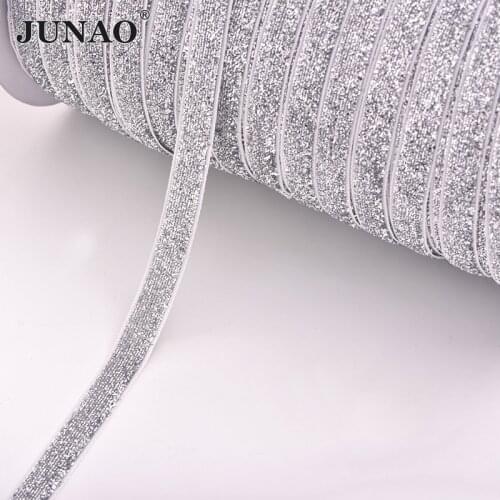 JUNAO 5yard*10mm Silver Black Color Sewing Glitter Ribbon Sequins Banding Trim Clothes Applique Sew On Fabric Tape for Crafts