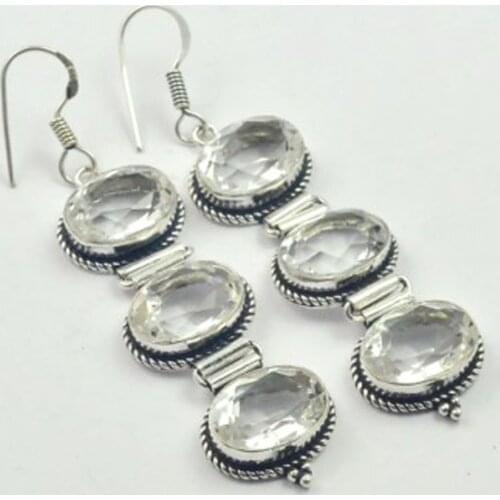 White Topas Earrings Silver Overlay over Copper , 72 mm, E3651