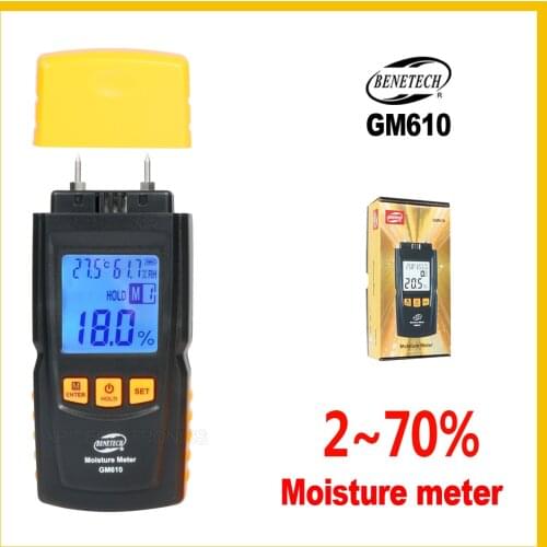 Wood Moisture Meter 2Pins Humidity Tester Timber Damp Detector Hygrometer Range 0~70% Digital LCD Display GM610- BENETECH