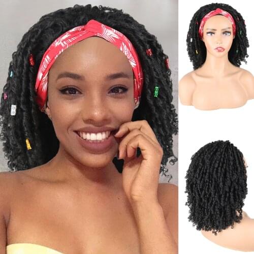 Dreadlock Afro Curly Headband Wig Short Synthetic Twist Natural Black For African American Women Heat Resistant Fibre Daily Use