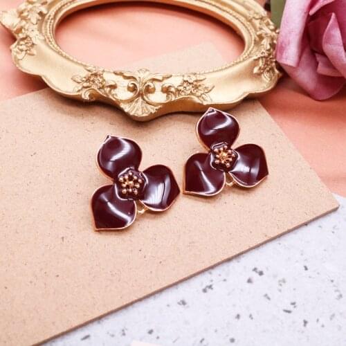 Enamel Earrings Stud Petal Wine Red White Elegant New Alloy Brincos Jewelry For Women Girl Accessories