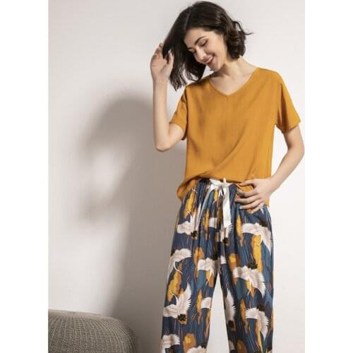 Fdfklak Cotton Pajamas For Women Summer Floral Sleepwear Short Sleeve Tops with Long Trousers Ladies Pj Set Pijama Feminino