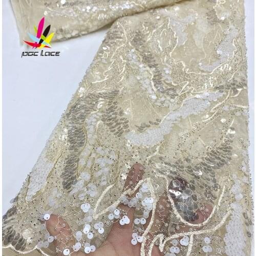 Beads Sequin Mesh Lace Tulle Fabric Embroidery French Handmade Beaded Luxury Fabric Sequins Mesh African Wedding Material Luxury