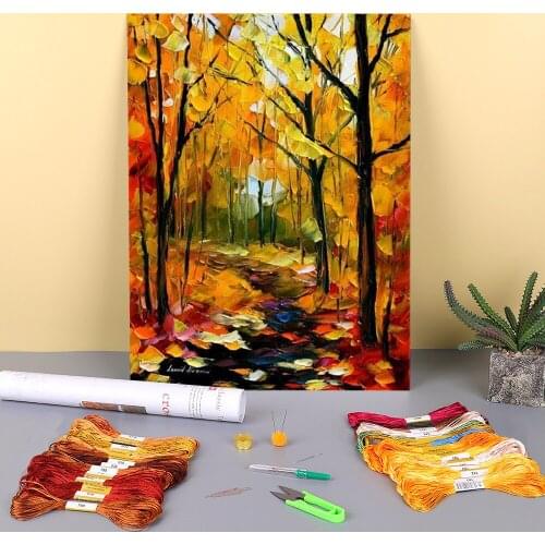 Fall Forest Printed Fabric 11CT Cross-Stitch Set DIY Embroidery DMC Threads Handiwork Hobby Handmade Handicraft Wholesale