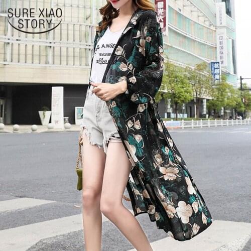 Summer Sun Protection Women Long Blouses Long Sleeve Loose Flower Print Blouse Shirts Super Thin Floral Chiffon Cardigan 9119 50