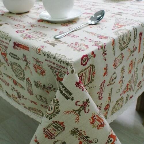 Christmas Theme Linen Table Cloth with Lace Reindeer Print Multifunctional Tablecloths Table Cover X'mas Decor ZB-17