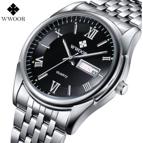 WWOOR Top Brand Mens Watches Auto Date Stainless Steel Back Light Hours Sport Watch Men Casual Quartz Clock Business Wristwatch