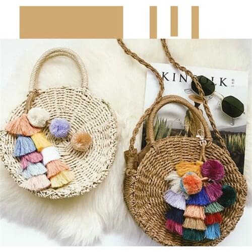 NEW Women Handmade Round Beach Shoulder Bag Bali Circle Straw Bags Summer Woven Rattan Handbags Women Messenger Bag Popular