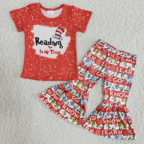 New style Baby childrens boutique toddler girl children red Printed short sleeve and bell bottoms set