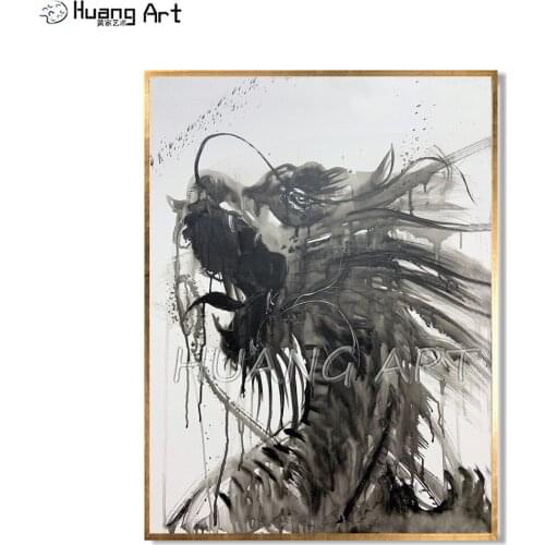 Original Art Animal Hand-painted Modern Roaring Dragon Oil Painting on Canvas for Wall Decor Black White Dragon Ink Painting