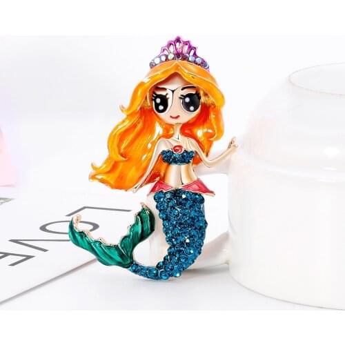 Crystal Colorful Mermaid Brooches Luxury Cartoon Female Rhinestone Coat Pin Simple Fashion Scarf Buckle Women Accessories