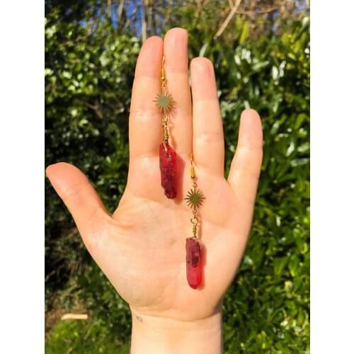 Red Quartz Crystal Point Earrings - brass, wire wrapped celestial crystal jewellery handmade points sun charms sunburst boho hip