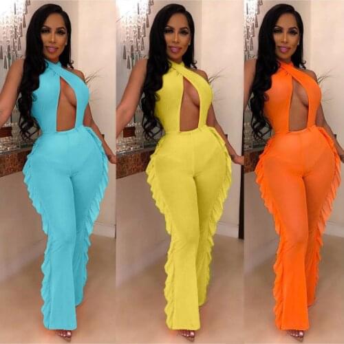 Sexy Solid Color Swimsuit Mesh Jumpsuit (including Underwear) Backless Ruffles Wide Leg See Through Jumpsuit Nightclub Outfits
