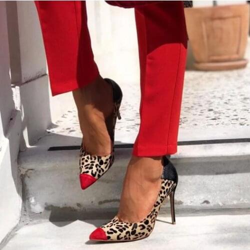 Big Size 47 Fashion Woman Red Leopard Black Patchwork Pointed Toe Slip On Party High Heel Dress Pumps Shoes Cheap High Quality