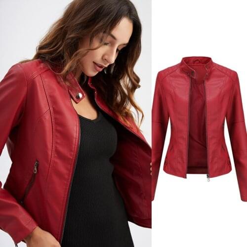 2021 Leather Jacket Women Zippers Spring Autumn Womens PU Leather Jacket Mandarin Collar Red Motor Biker Coat Female