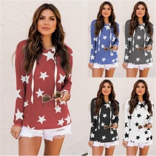 2021 Spring Autumn Fashion New Printed Five-Pointed Star Long-Sleeved Hooded Hoody Loose Casual Top Women Trendy H303