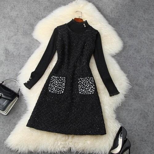 European and American Womens Winter Wear 2020 New Style Long-sleeved Sweater Sleeveless Beaded Silk Dress with Two Pieces