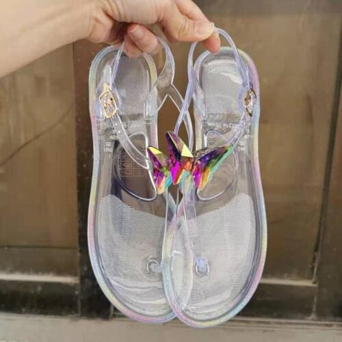 Woman Beach Sandals 2021 New Summer Transparentflat Sandal Butterfly Crystal Shiny Diamonds Fashion Ladies Shoes Big Size 36-42