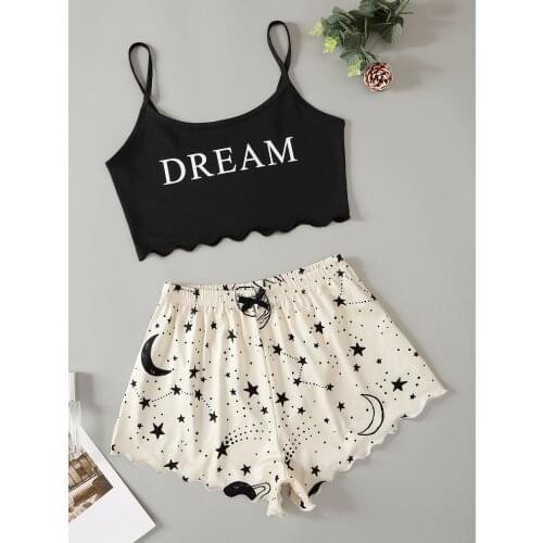 New Style Lady’s Summer Dream Print Camisole With Moon And Star Print Shorts Pajama Set Home Wear Sleepwear Underwear