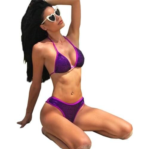 Women Triangle Push-up Padded Bra Bikini Set Shiny Sexy Swimwear Bathing Suit Swimsuit 2020 Summer Holiday Fashion Beachwear