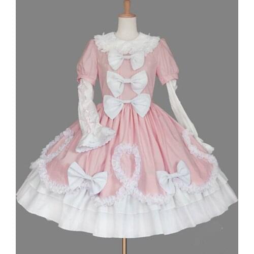 Pink sweet lolita dress retro lace bowknot peter pan collar victorian dress gorgeous princess kawaii girl gothic lolita cos loli