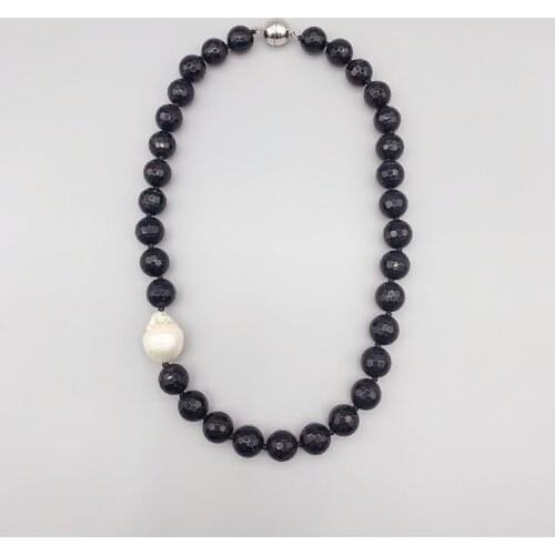 12mm Faceted Cut Black Onyx Short Necklace With One White Freshwater Baroque Pearl On Off Side Classic For Women Girls 18 Inch