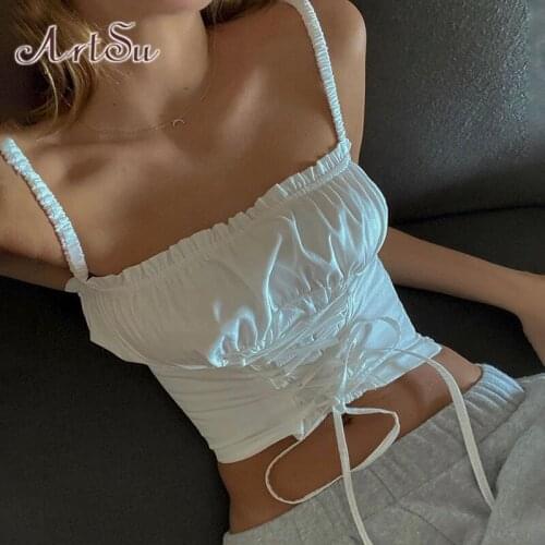 ArtSu Lace Up White Camis Crop Top Women Fashion Sleeveless Summer Ruched Sexy Backless Cropped Feminino Tops Ruffles VE52436