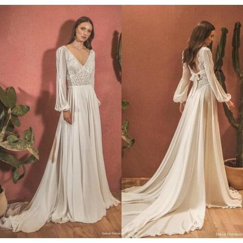 Bohemian Wedding Dresses 2020 V Neck Lace Floor Length Long Sleeve Bridal Gowns Chiffon A Line Beach Wedding Dress Boho