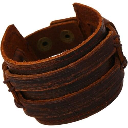 New Pure Handmade Genuine Men Leather Bracelets Brand Fashion Punk Wide Cuff Bracelet Bangles For Women Men Jewelry Accessory