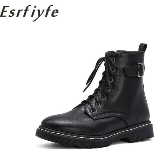 ESRFIYFE 2020 New Women ankle Boots Black Autumn Winter Fashion Shoes for Ladies Casual Martin Boots Leather Waterproof Footwear