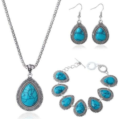 FYJS Unique Jewelry Sets Silver Plated Water Drop Pendant Blue Turquoises Stone Necklace Earrings Bracelet