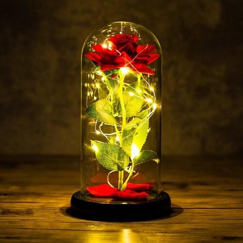 Artificial Eternal Rose LED Light Beauty The Beast In Glass Cover Home Decor For New Year Valentines Christmas Mothers Day Gift