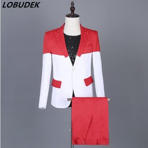 Adult Men Irregular Blazers Red White Splicing Suits Male Compere Stage Outfit Singer Dancer Groups Concert Performance Costume