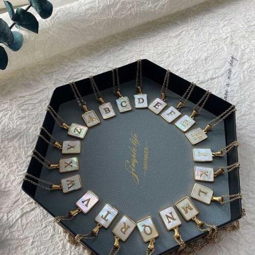 Square Natural Shell Initial Letters Pendant Stainless Steel Jewelry Gold Chain Necklaces Male for Women Gifts