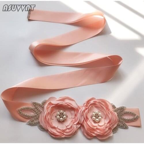 Noble Bride Rose Flower Blossom Pearl Rhinestone Leaf Belt Wedding Sashes Ribbon Wedding Dress Belt for Bridesmaid Women Girl
