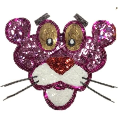 Sequins Pink Lion Leapard Sew On Patch DIY Embroidered Applique Bling Bling Pink Lion Leapard for Decoration Clothing Accessory