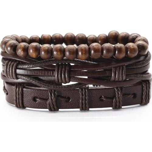 Handmade Woven 3 Pcs/Set Vintage Brown Genuine Leather Men Bracelets For Women Bangles Wood Beads Homme Gift Jewelry