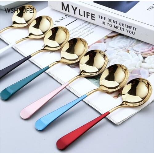 Nordic Creative Stainless Steel Long Handle Coffee Cute Childrens Rice Spoon Round Head Milk Soup Mixing Spoon Kitchen supplies