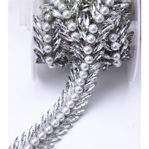 New listing 1yard 2.5cm width Horse eye pearl silver clear crystal rhinestone chain tone chain fancy costume applique trim sew