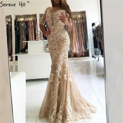 Nude Lace Mermaid Sexy Dubai Prom Gowns Long Half Sleeves Prom Dresses For Women 2020 Serene Hill BLA60728