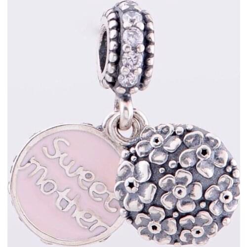Original Pink Enamel Sweet Mother With Crystal Pendant Beads Fit 925 Sterling Silver Bead Charm Bracelet DIY Jewelry