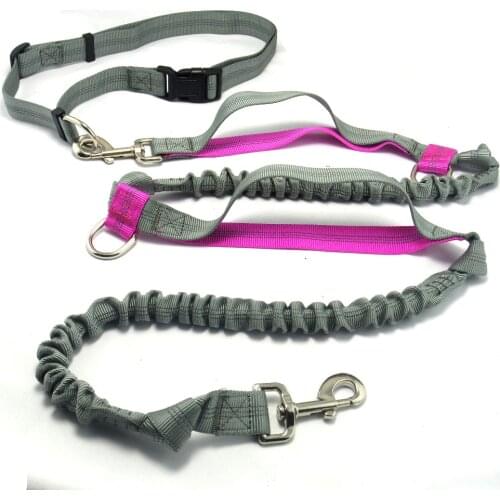 Hand Free Dog Leash, Bungee Dog Pet Lead with 2 Handles & 2D Rings, Reflective Stitching, Hand Free Dog Lead Leash (Grey/ Pink)
