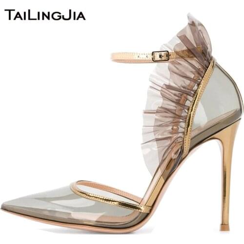 Transparent PVC High Heels Pumps Party Stilettos Pointed Toe Ruffle Buckle Strap Fashion Women Large Size Factory Wholesale Shoe