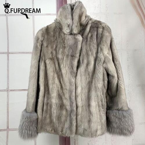 Q.FURDREAM Winter Real Natural Mink Fur Stand Collar Coat Warm Soft Vintage Clothes Luxury Popular High Quality Jacket Clothing